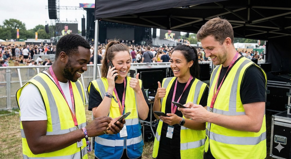 A team collaborating at an event using their mobile phones.